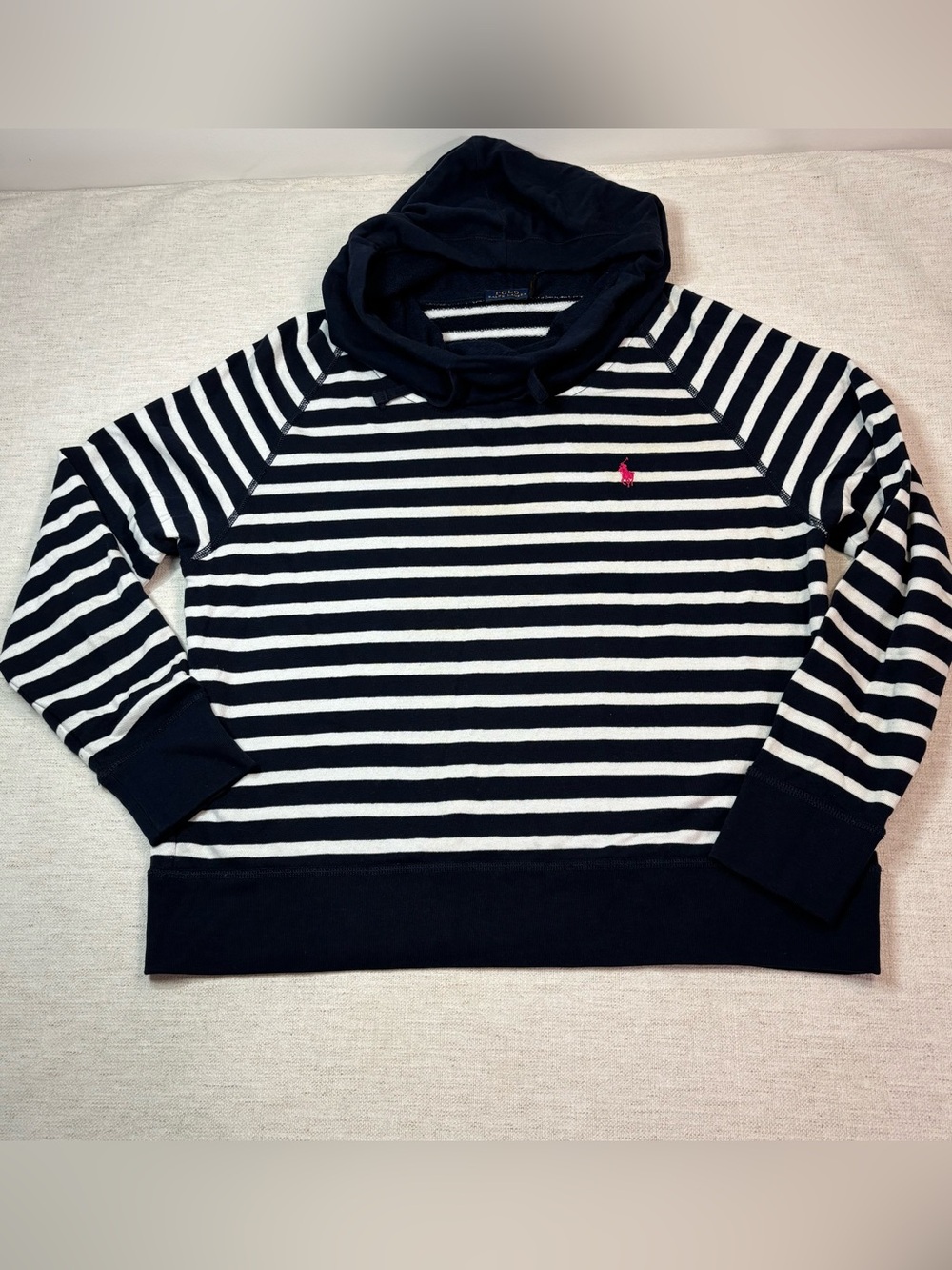 Polo by Ralph Lauren women XL Navy White Striped Hooded sweatshirt pullover